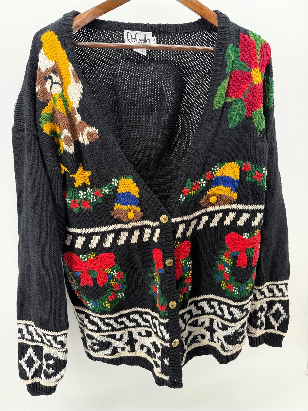 Rafaella Black Holiday Cardigan with Red Poinsettia & Wreath Motifs